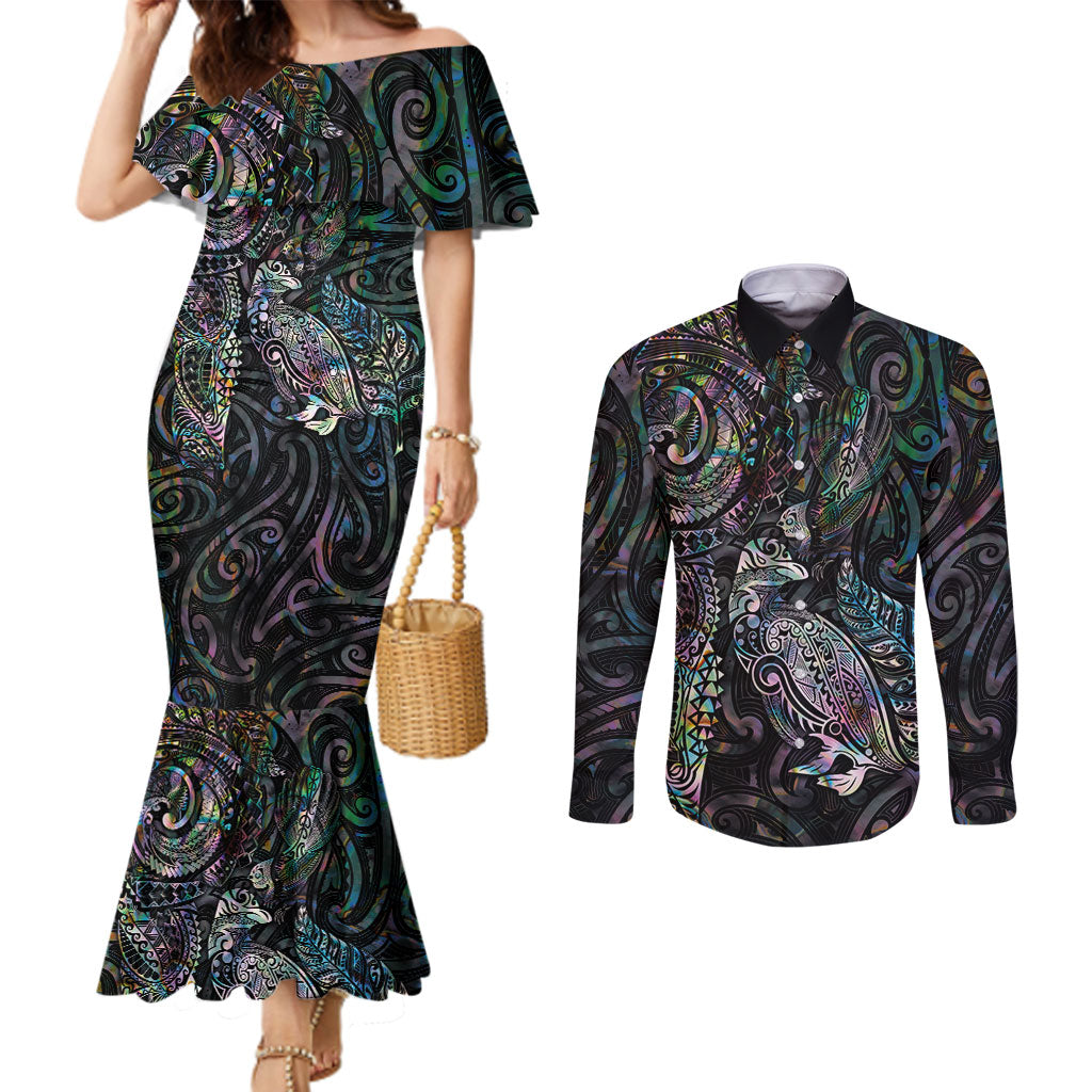 Aotearoa Moko Tribal Tattoo Couples Matching Mermaid Dress and Long Sleeve Button Shirt New Zealand Maori Penguin and Fantail Paua Shell Style LT03 Multicolor - Polynesian Pride