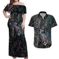 Aotearoa Moko Tribal Tattoo Couples Matching Off Shoulder Maxi Dress and Hawaiian Shirt New Zealand Maori Penguin and Fantail Paua Shell Style LT03 Multicolor - Polynesian Pride