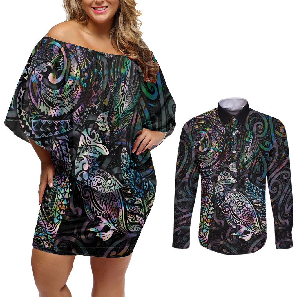 Aotearoa Moko Tribal Tattoo Couples Matching Off Shoulder Short Dress and Long Sleeve Button Shirt New Zealand Maori Penguin and Fantail Paua Shell Style LT03 Multicolor - Polynesian Pride