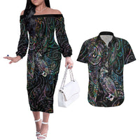 Aotearoa Moko Tribal Tattoo Couples Matching Off The Shoulder Long Sleeve Dress and Hawaiian Shirt New Zealand Maori Penguin and Fantail Paua Shell Style LT03 Multicolor - Polynesian Pride