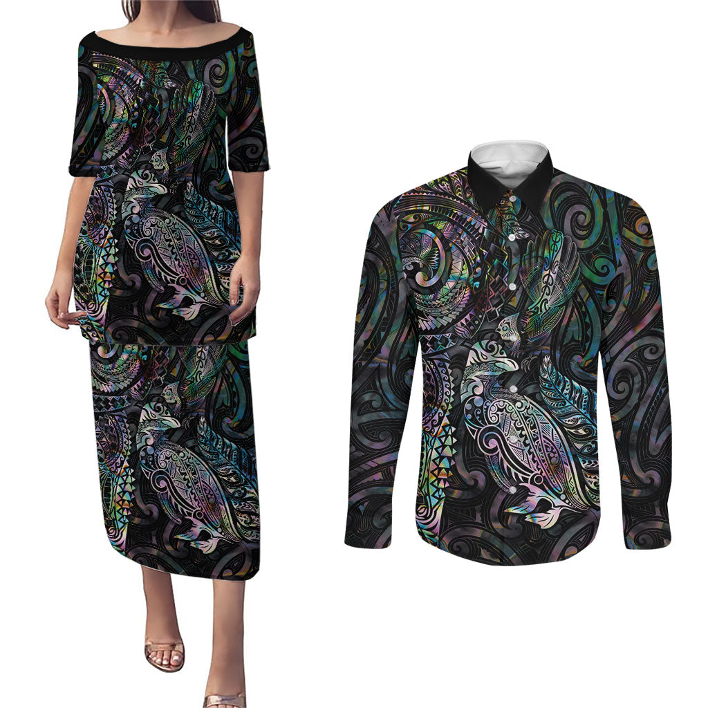 Aotearoa Moko Tribal Tattoo Couples Matching Puletasi and Long Sleeve Button Shirt New Zealand Maori Penguin and Fantail Paua Shell Style LT03 Multicolor - Polynesian Pride