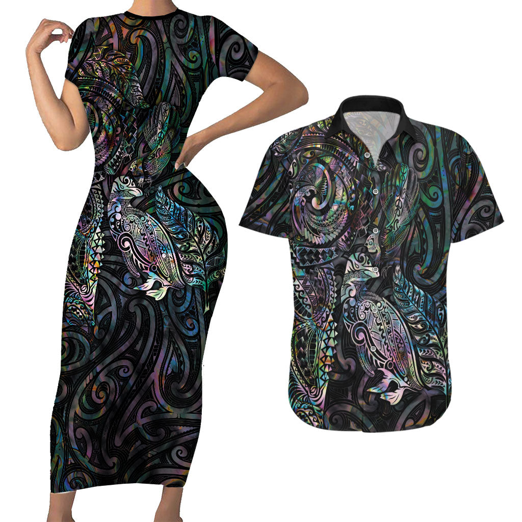 Aotearoa Moko Tribal Tattoo Couples Matching Short Sleeve Bodycon Dress and Hawaiian Shirt New Zealand Maori Penguin and Fantail Paua Shell Style LT03 Multicolor - Polynesian Pride