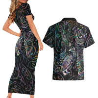 Aotearoa Moko Tribal Tattoo Couples Matching Short Sleeve Bodycon Dress and Hawaiian Shirt New Zealand Maori Penguin and Fantail Paua Shell Style LT03 - Polynesian Pride