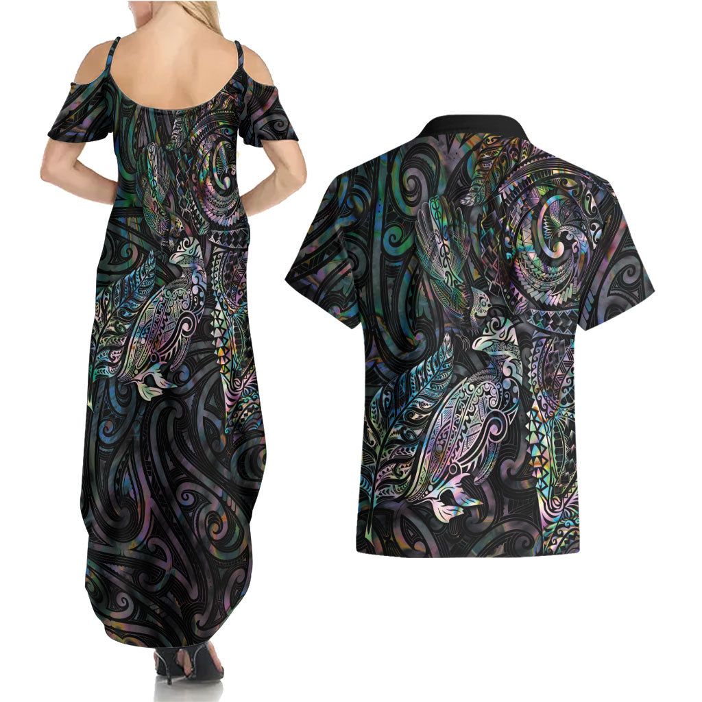 Aotearoa Moko Tribal Tattoo Couples Matching Summer Maxi Dress and Hawaiian Shirt New Zealand Maori Penguin and Fantail Paua Shell Style LT03 - Polynesian Pride