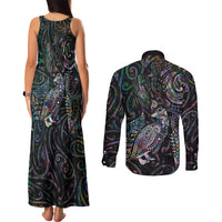 Aotearoa Moko Tribal Tattoo Couples Matching Tank Maxi Dress and Long Sleeve Button Shirt New Zealand Maori Penguin and Fantail Paua Shell Style LT03 - Polynesian Pride