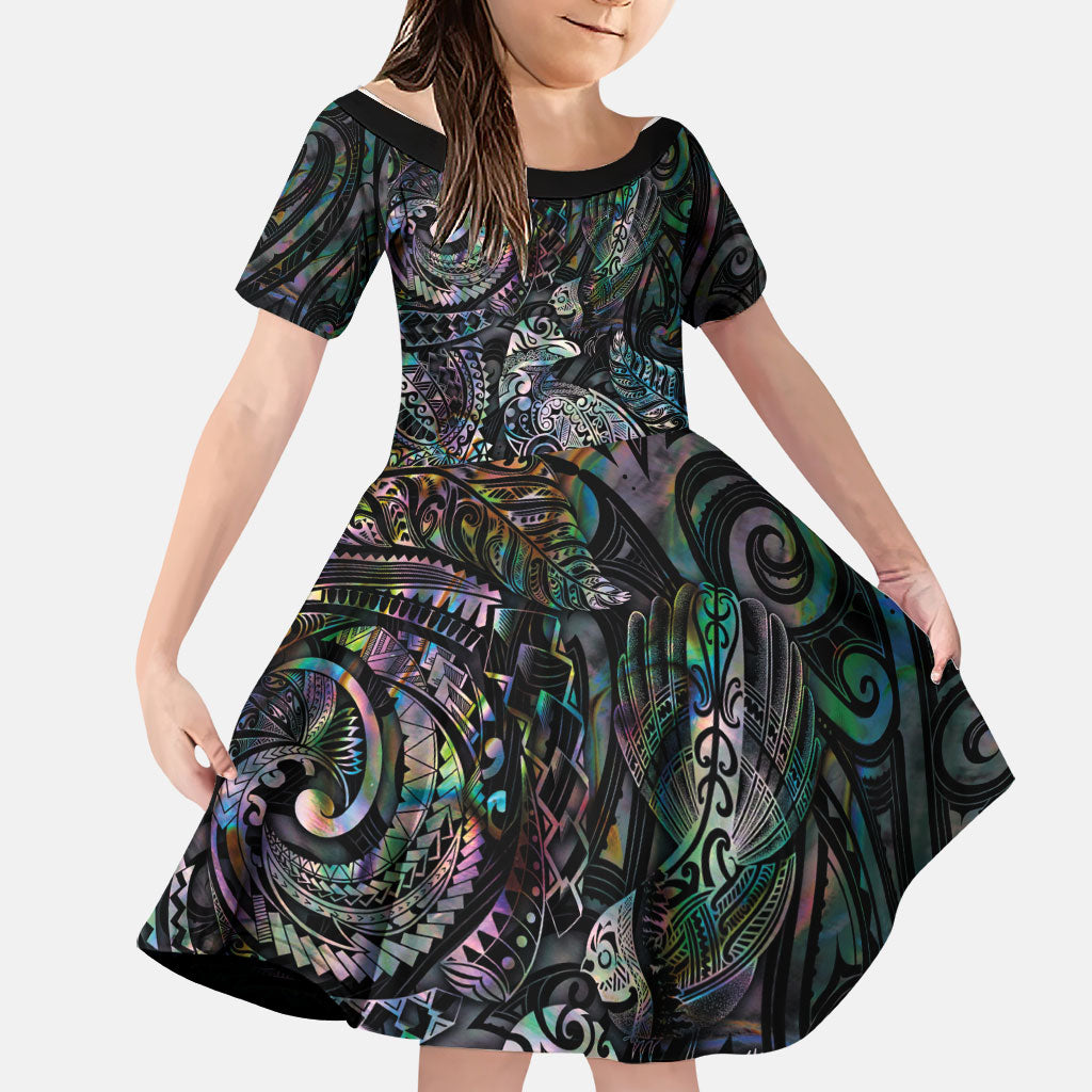 Aotearoa Moko Tribal Tattoo Family Matching Long Sleeve Bodycon Dress and Hawaiian Shirt New Zealand Maori Penguin and Fantail Paua Shell Style LT03 Daughter's Dress Multicolor - Polynesian Pride