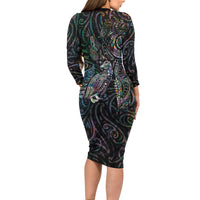 Aotearoa Moko Tribal Tattoo Family Matching Long Sleeve Bodycon Dress and Hawaiian Shirt New Zealand Maori Penguin and Fantail Paua Shell Style LT03 - Polynesian Pride