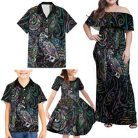 Aotearoa Moko Tribal Tattoo Family Matching Off Shoulder Maxi Dress and Hawaiian Shirt New Zealand Maori Penguin and Fantail Paua Shell Style LT03 - Polynesian Pride
