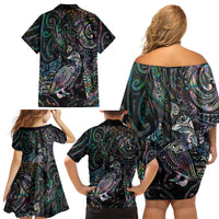 Aotearoa Moko Tribal Tattoo Family Matching Off Shoulder Short Dress and Hawaiian Shirt New Zealand Maori Penguin and Fantail Paua Shell Style LT03 - Polynesian Pride