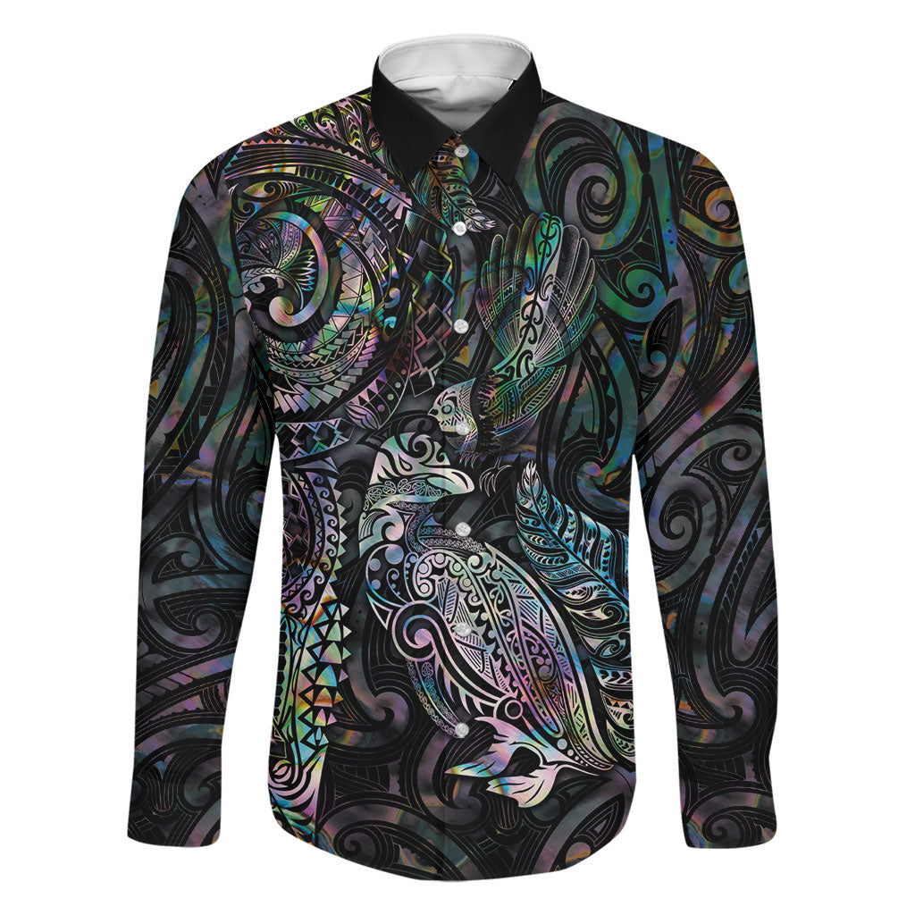 Aotearoa Moko Tribal Tattoo Family Matching Off Shoulder Short Dress and Hawaiian Shirt New Zealand Maori Penguin and Fantail Paua Shell Style LT03 Dad's Shirt - Long Sleeve Multicolor - Polynesian Pride