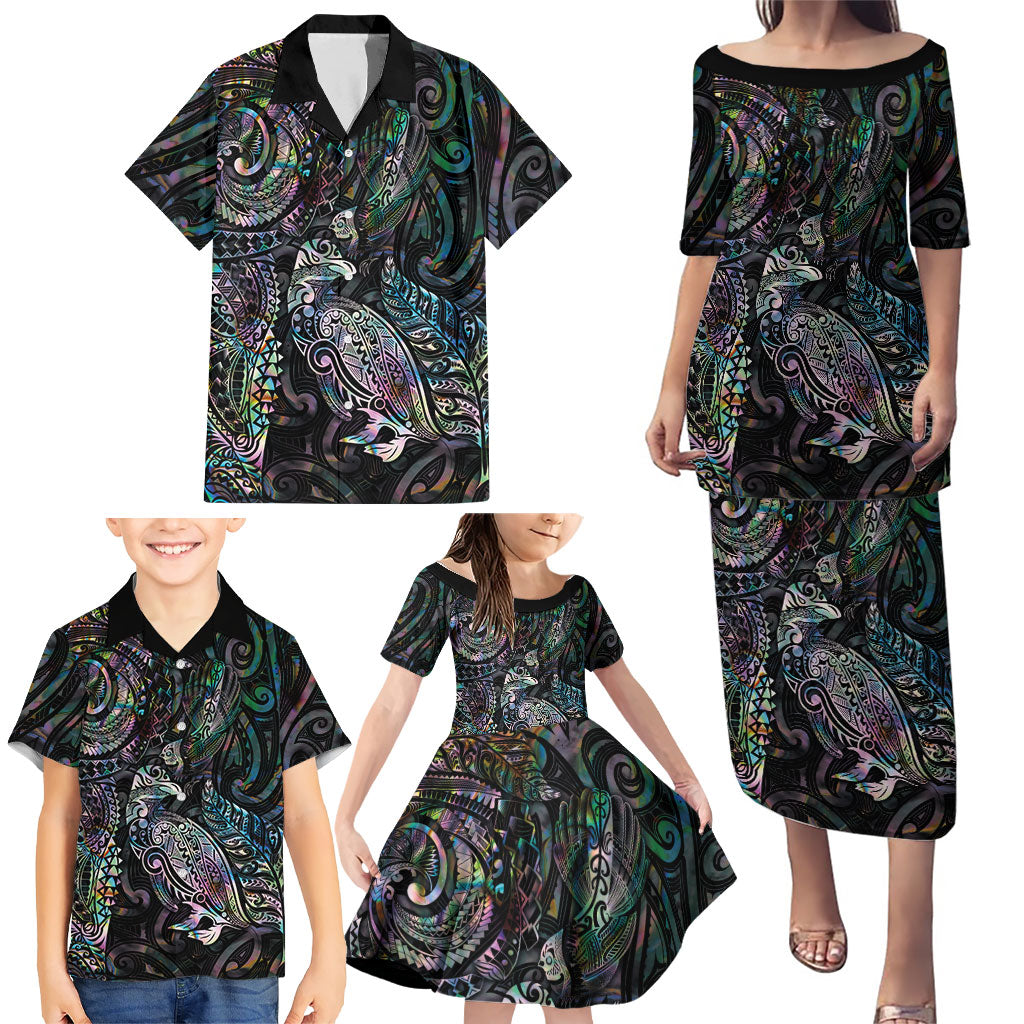 Aotearoa Moko Tribal Tattoo Family Matching Puletasi and Hawaiian Shirt New Zealand Maori Penguin and Fantail Paua Shell Style LT03 - Polynesian Pride