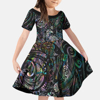Aotearoa Moko Tribal Tattoo Family Matching Short Sleeve Bodycon Dress and Hawaiian Shirt New Zealand Maori Penguin and Fantail Paua Shell Style LT03 Daughter's Dress Multicolor - Polynesian Pride