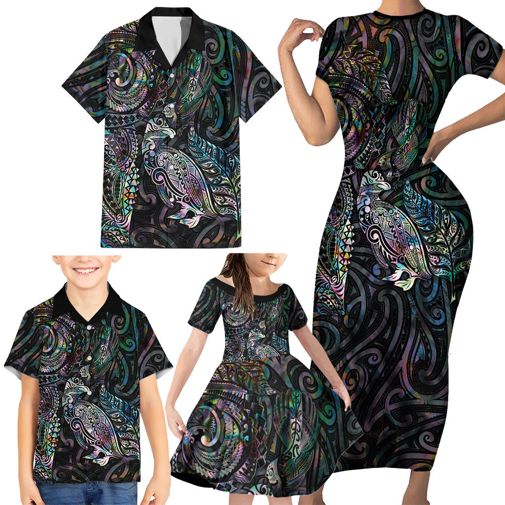 Aotearoa Moko Tribal Tattoo Family Matching Short Sleeve Bodycon Dress and Hawaiian Shirt New Zealand Maori Penguin and Fantail Paua Shell Style LT03 - Polynesian Pride