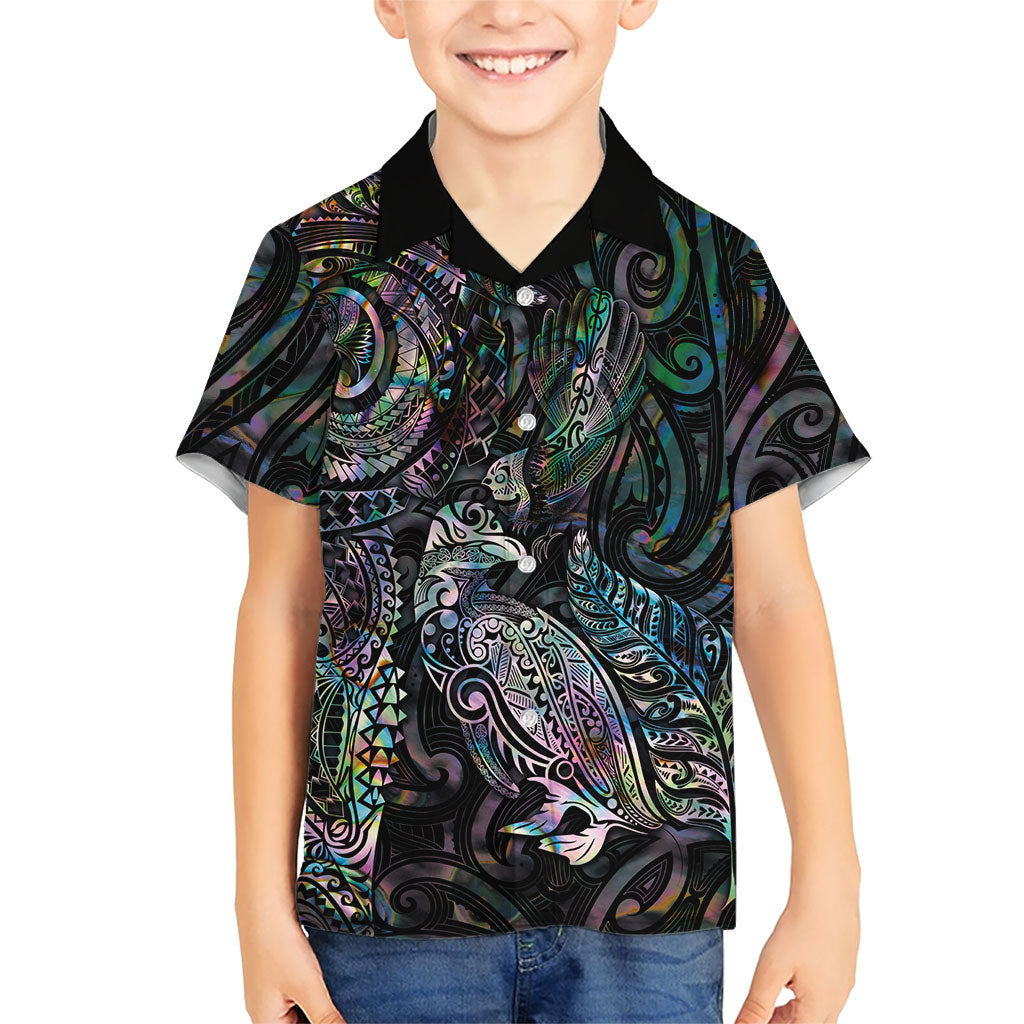 Aotearoa Moko Tribal Tattoo Family Matching Short Sleeve Bodycon Dress and Hawaiian Shirt New Zealand Maori Penguin and Fantail Paua Shell Style LT03 Son's Shirt Multicolor - Polynesian Pride