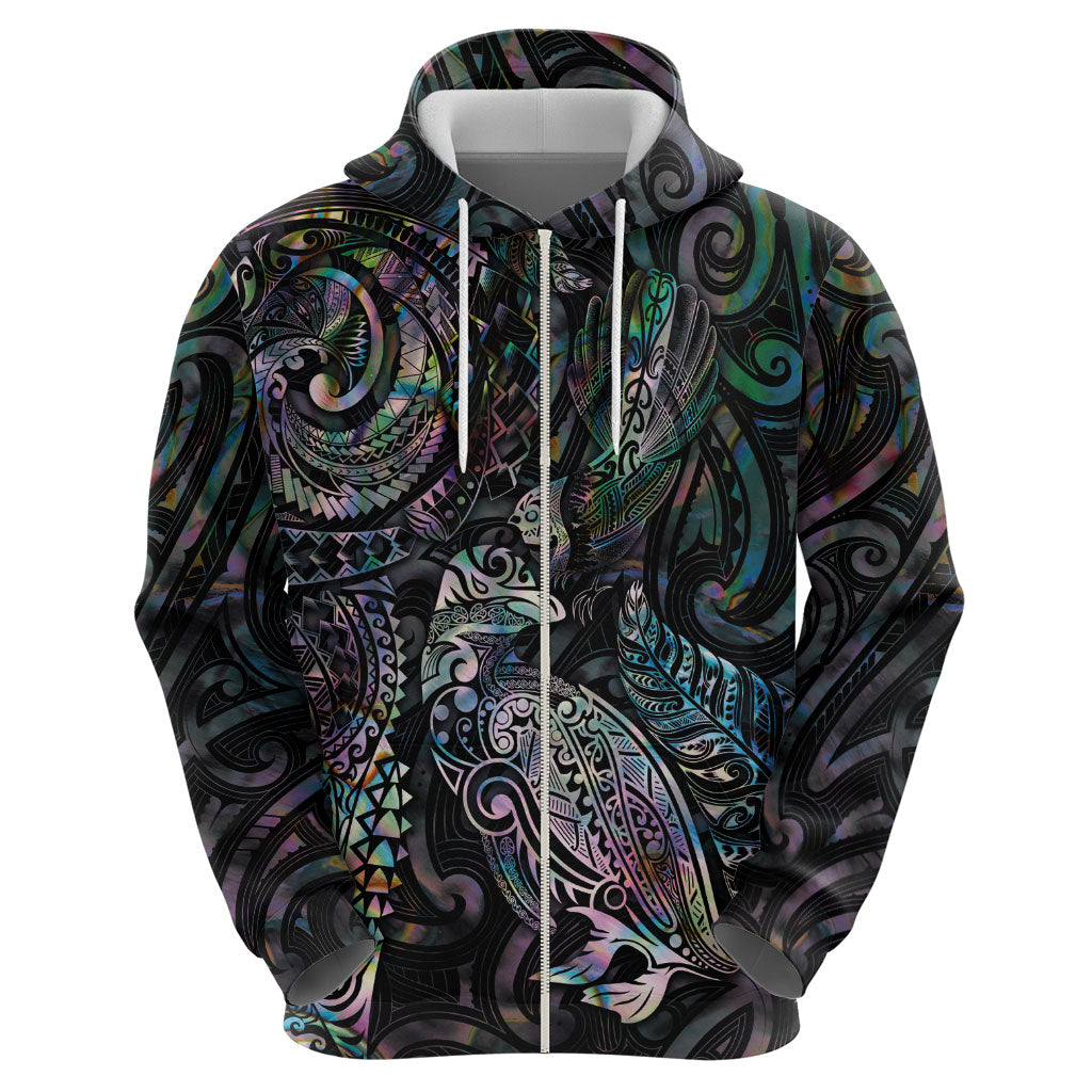Aotearoa Moko Tribal Tattoo Hoodie New Zealand Maori Penguin and Fantail Paua Shell Style LT03 - Polynesian Pride