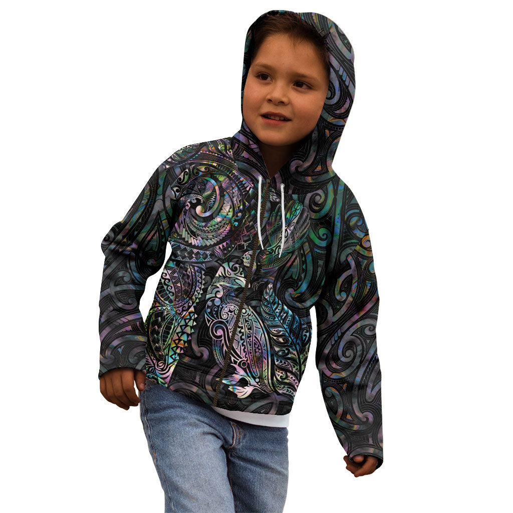 Aotearoa Moko Tribal Tattoo Kid Hoodie New Zealand Maori Penguin and Fantail Paua Shell Style LT03 - Polynesian Pride