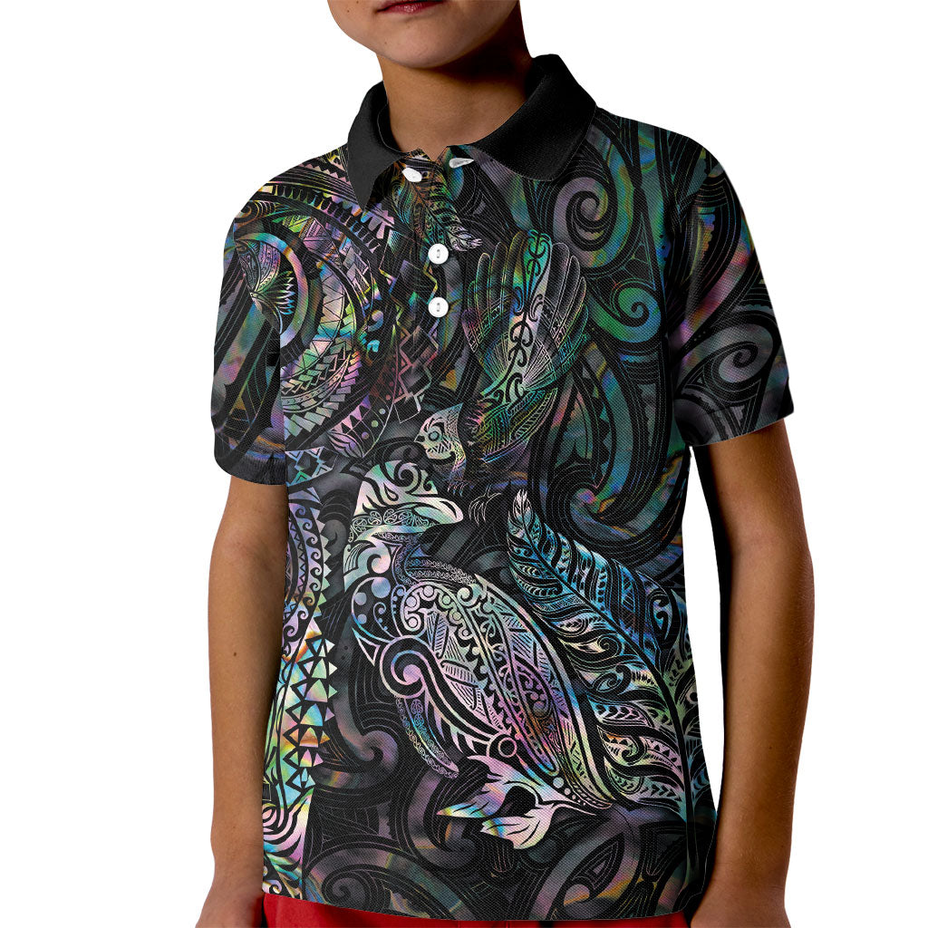 Aotearoa Moko Tribal Tattoo Kid Polo Shirt New Zealand Maori Penguin and Fantail Paua Shell Style LT03 Kid Multicolor - Polynesian Pride