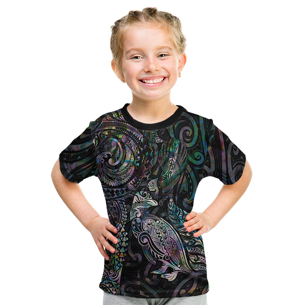 Aotearoa Moko Tribal Tattoo Kid T Shirt New Zealand Maori Penguin and Fantail Paua Shell Style