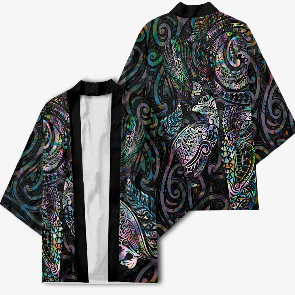 Aotearoa Moko Tribal Tattoo Kimono New Zealand Maori Penguin and Fantail Paua Shell Style