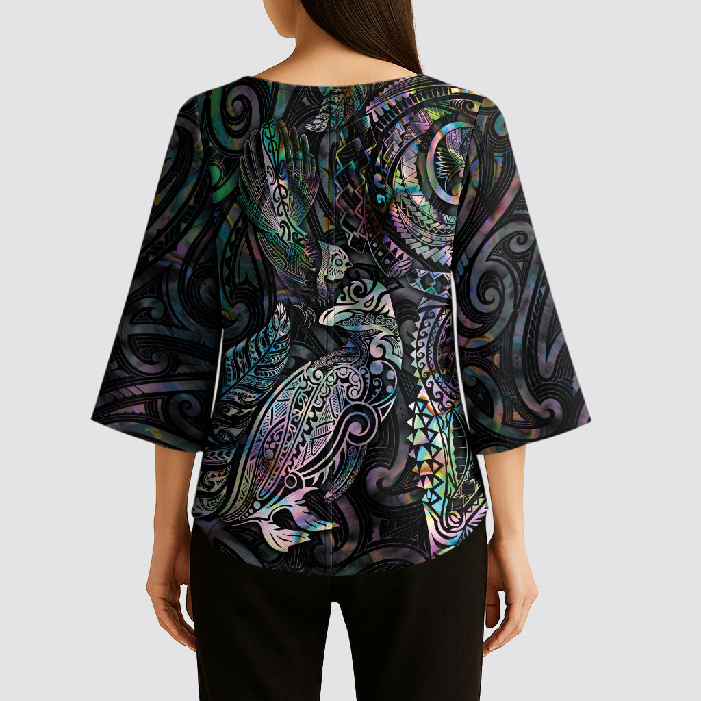 Aotearoa Moko Tribal Tattoo Kimono Sleeve Blouse New Zealand Maori Penguin and Fantail Paua Shell Style