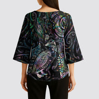 Aotearoa Moko Tribal Tattoo Kimono Sleeve Blouse New Zealand Maori Penguin and Fantail Paua Shell Style