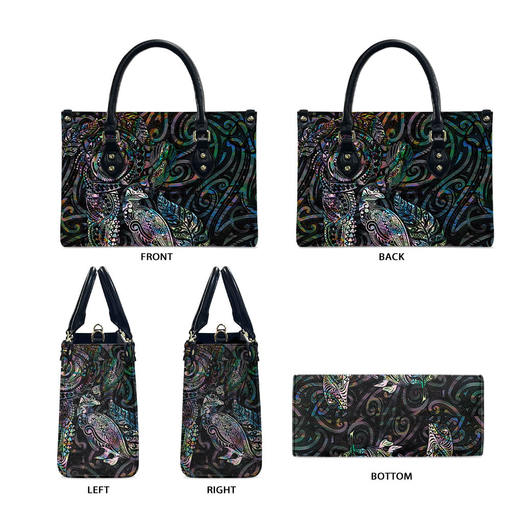 Aotearoa Moko Tribal Tattoo Leather Bag New Zealand Maori Penguin and Fantail Paua Shell Style