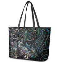 Aotearoa Moko Tribal Tattoo Leather Tote Bag New Zealand Maori Penguin and Fantail Paua Shell Style LT03 - Polynesian Pride