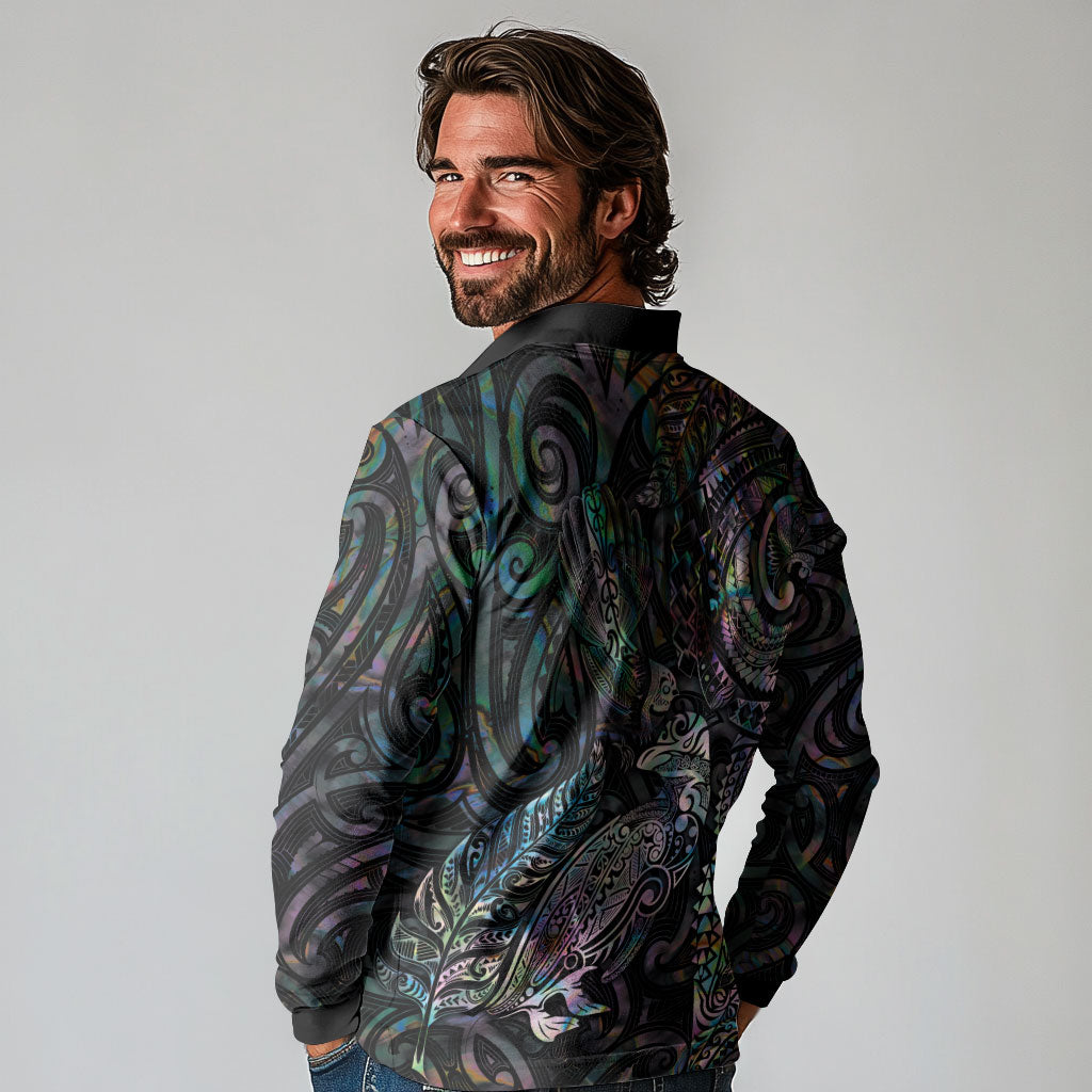 Aotearoa Moko Tribal Tattoo Long Sleeve Polo Shirt New Zealand Maori Penguin and Fantail Paua Shell Style LT03 - Polynesian Pride
