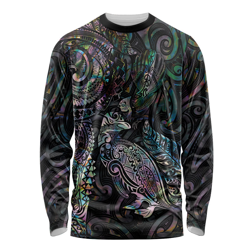 Aotearoa Moko Tribal Tattoo Long Sleeve Shirt New Zealand Maori Penguin and Fantail Paua Shell Style LT03 Unisex Multicolor - Polynesian Pride