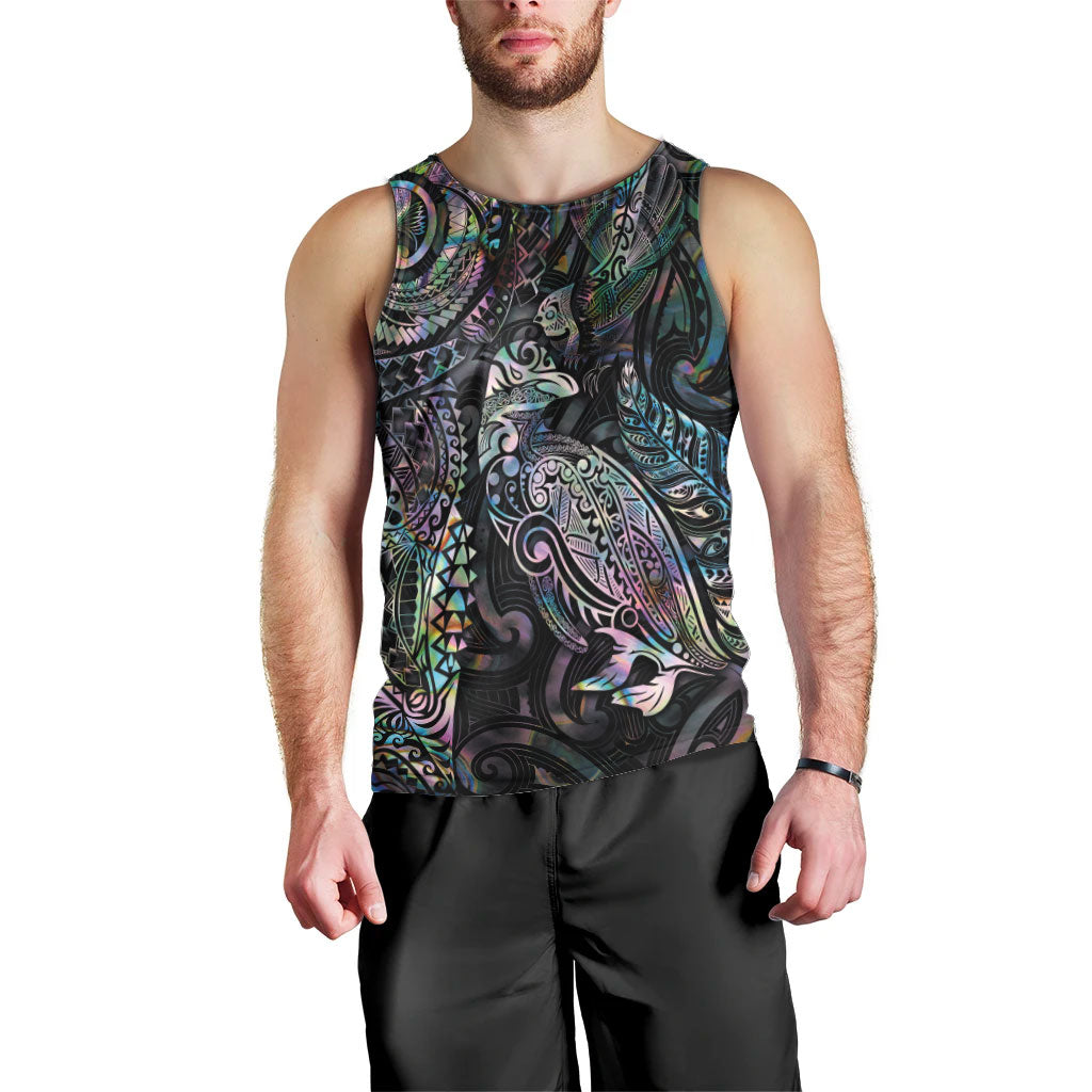 Aotearoa Moko Tribal Tattoo Men Tank Top New Zealand Maori Penguin and Fantail Paua Shell Style