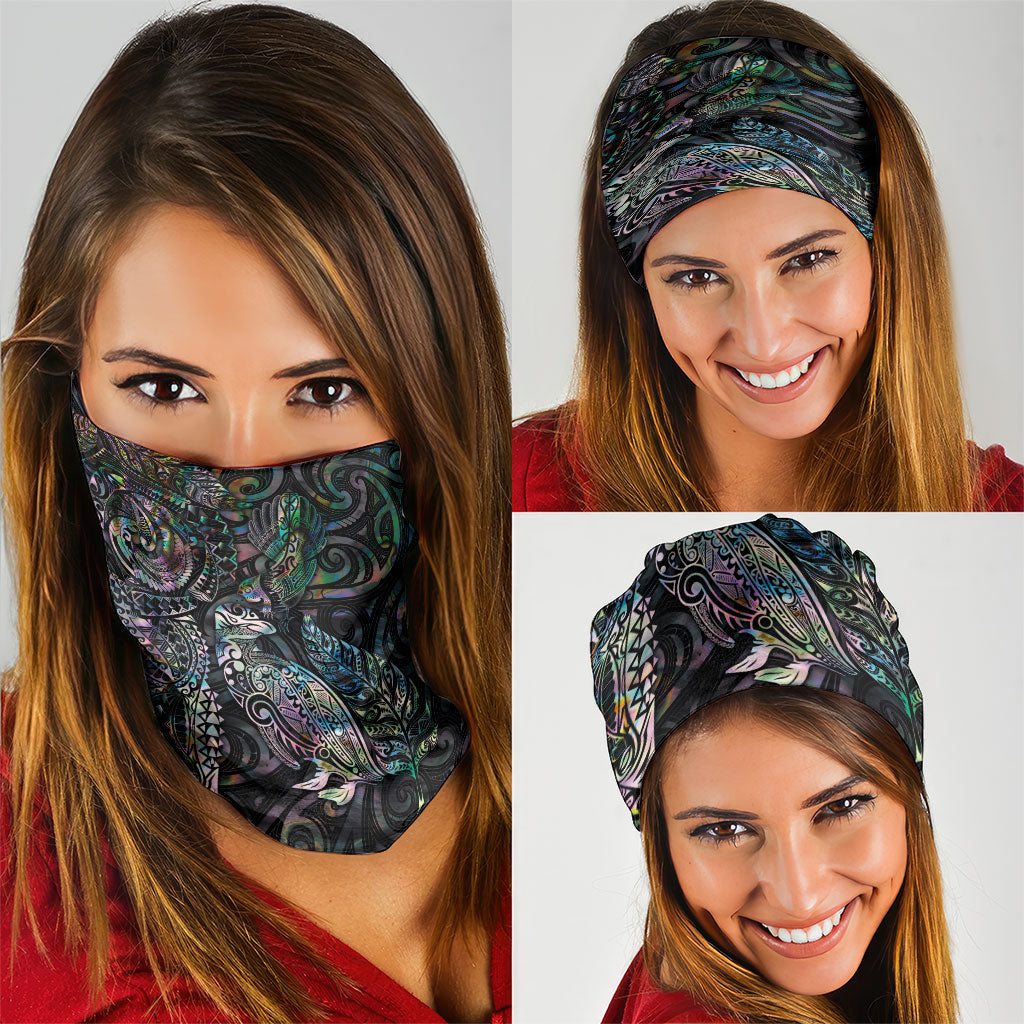 Aotearoa Moko Tribal Tattoo Neck Gaiter New Zealand Maori Penguin and Fantail Paua Shell Style