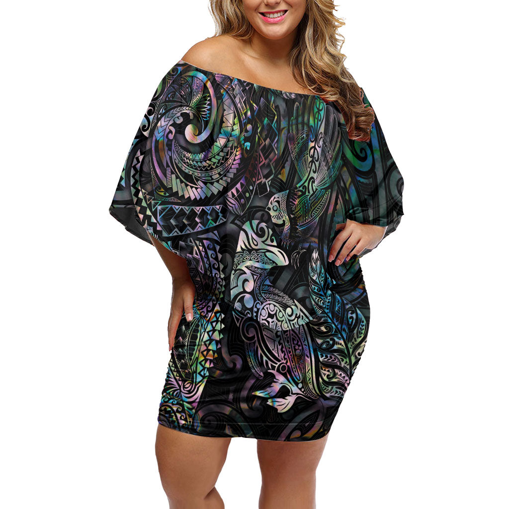 Aotearoa Moko Tribal Tattoo Off Shoulder Short Dress New Zealand Maori Penguin and Fantail Paua Shell Style LT03 Women Multicolor - Polynesian Pride