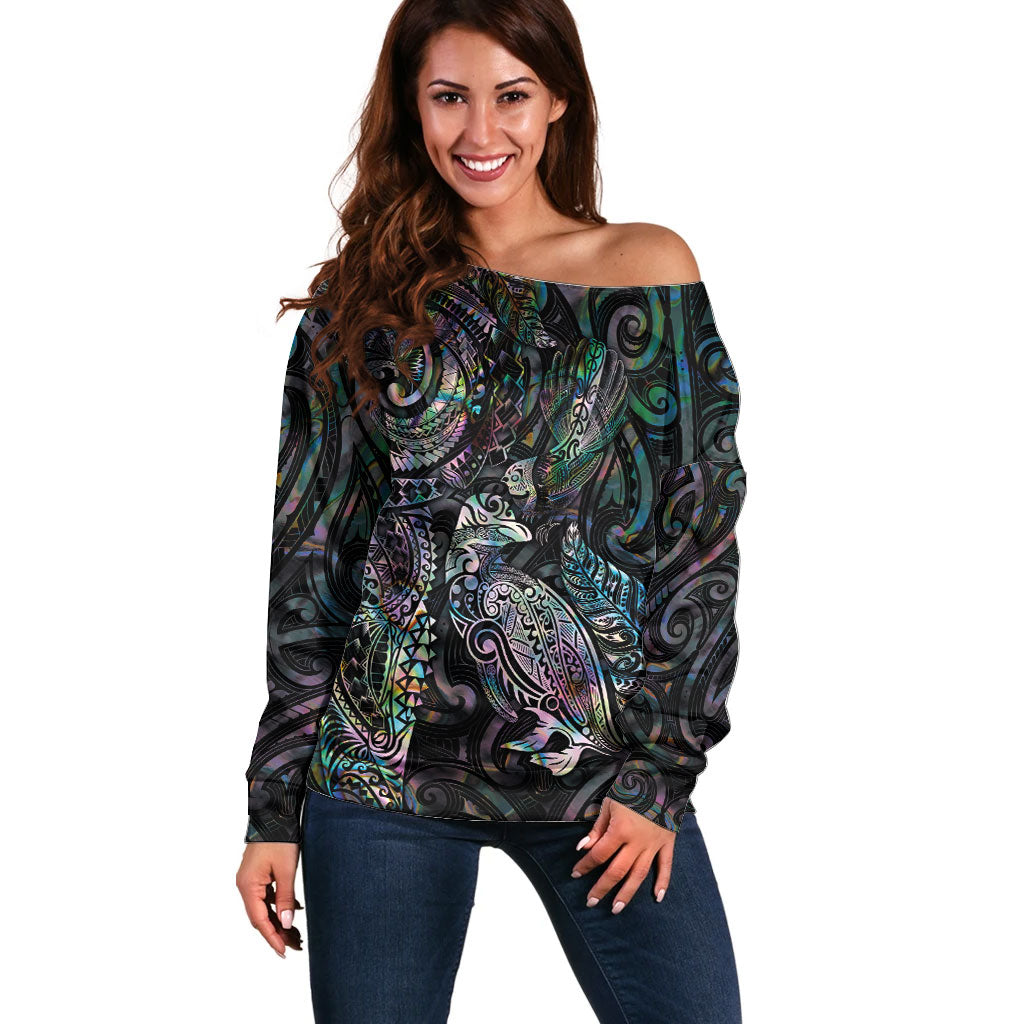 Aotearoa Moko Tribal Tattoo Off Shoulder Sweater New Zealand Maori Penguin and Fantail Paua Shell Style