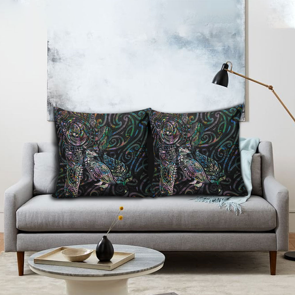 Aotearoa Moko Tribal Tattoo Pillow Cover New Zealand Maori Penguin and Fantail Paua Shell Style