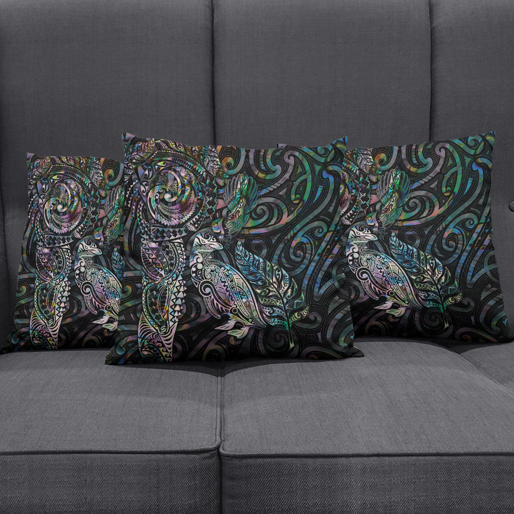 Aotearoa Moko Tribal Tattoo Pillow Cover New Zealand Maori Penguin and Fantail Paua Shell Style