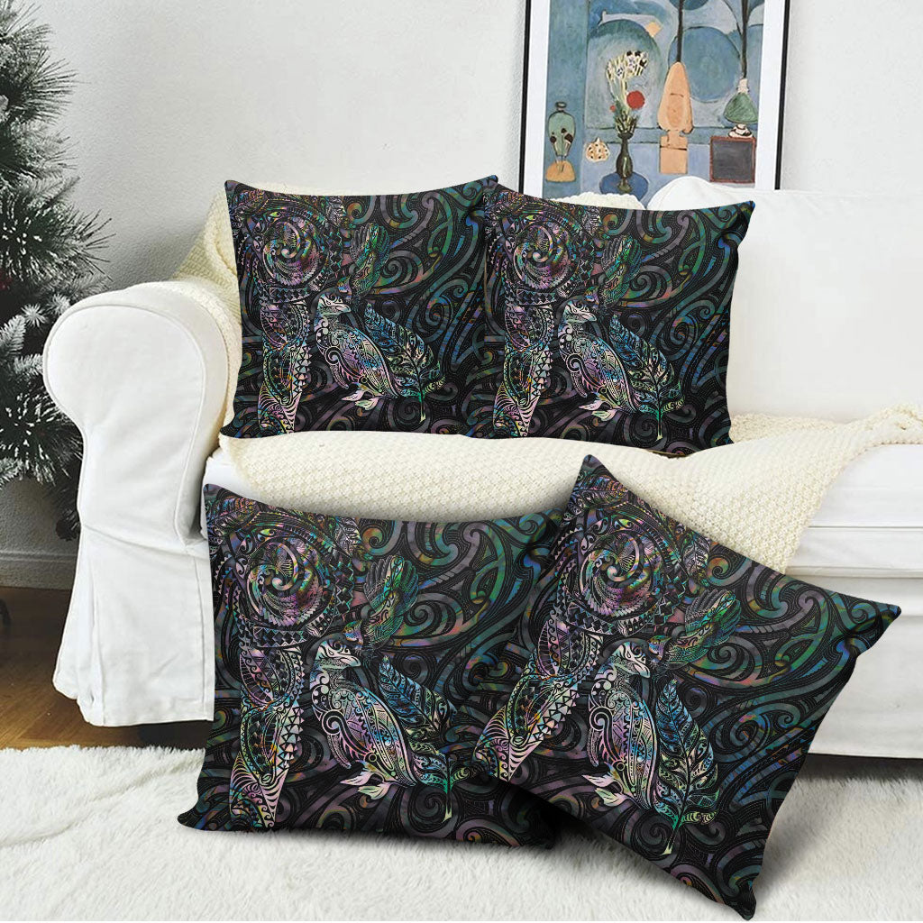 Aotearoa Moko Tribal Tattoo Pillow Cover New Zealand Maori Penguin and Fantail Paua Shell Style