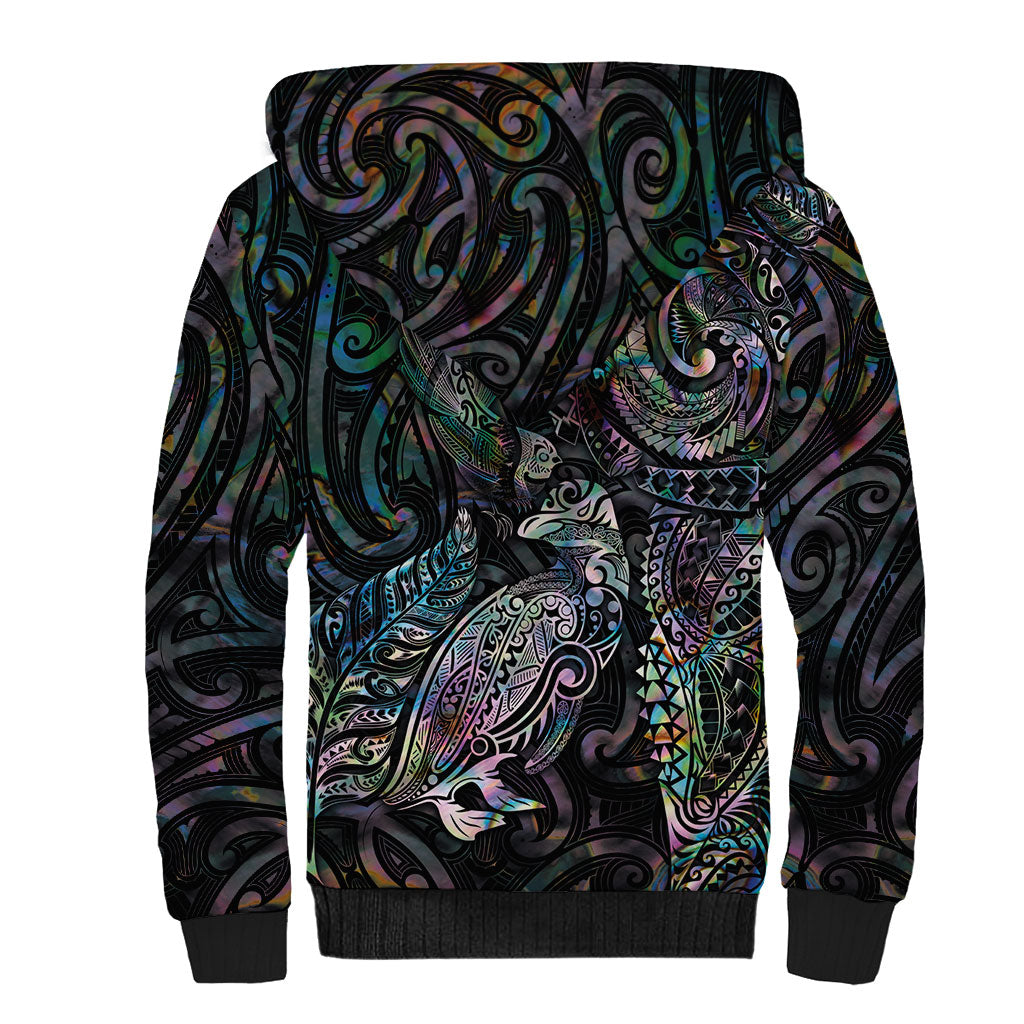 Aotearoa Moko Tribal Tattoo Sherpa Hoodie New Zealand Maori Penguin and Fantail Paua Shell Style LT03 - Polynesian Pride