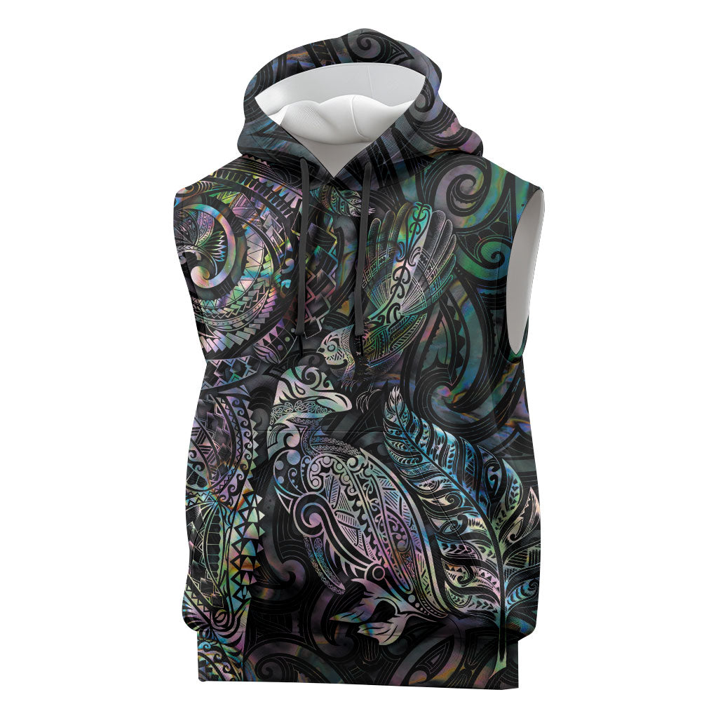 Aotearoa Moko Tribal Tattoo Sleeveless Hoodie New Zealand Maori Penguin and Fantail Paua Shell Style LT03 Multicolor - Polynesian Pride