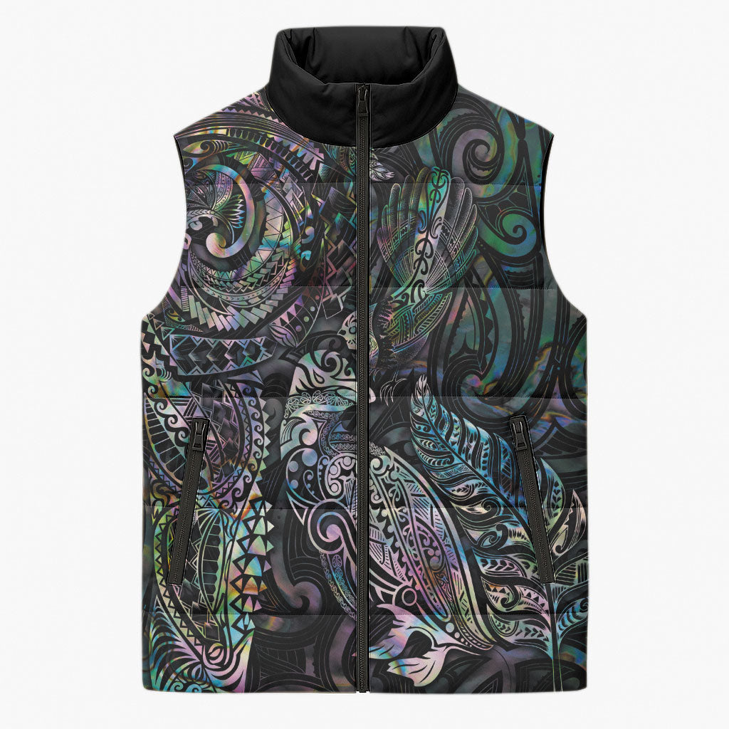 Aotearoa Moko Tribal Tattoo Sleeveless Puffer Jacket New Zealand Maori Penguin and Fantail Paua Shell Style LT03 Unisex Multicolor - Polynesian Pride