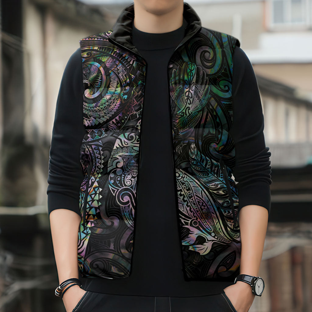 Aotearoa Moko Tribal Tattoo Sleeveless Puffer Jacket New Zealand Maori Penguin and Fantail Paua Shell Style