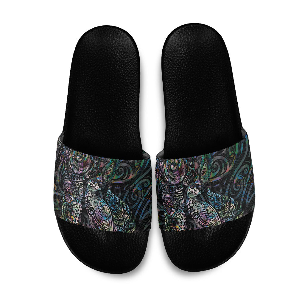 Aotearoa Moko Tribal Tattoo Slide Sandals New Zealand Maori Penguin and Fantail Paua Shell Style