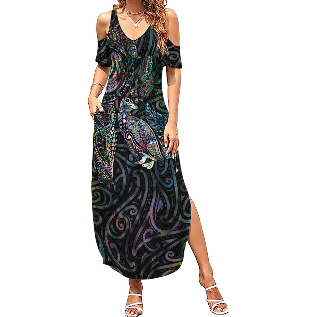 Aotearoa Moko Tribal Tattoo Summer Maxi Dress New Zealand Maori Penguin and Fantail Paua Shell Style
