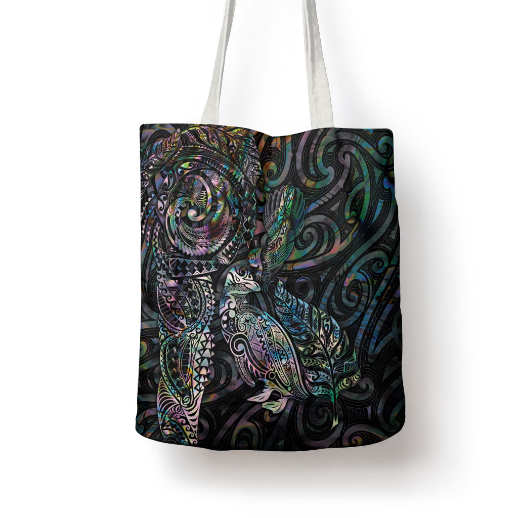 Aotearoa Moko Tribal Tattoo Tote Bag New Zealand Maori Penguin and Fantail Paua Shell Style