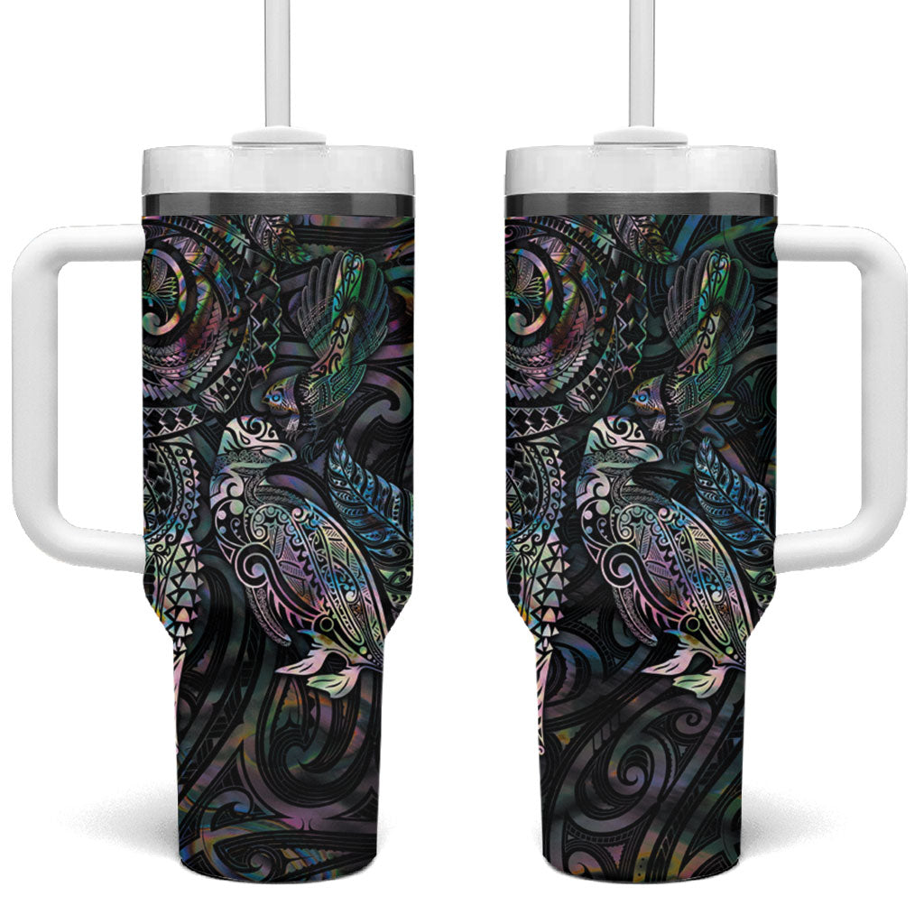 Aotearoa Moko Tribal Tattoo Tumbler With Handle New Zealand Maori Penguin and Fantail Paua Shell Style