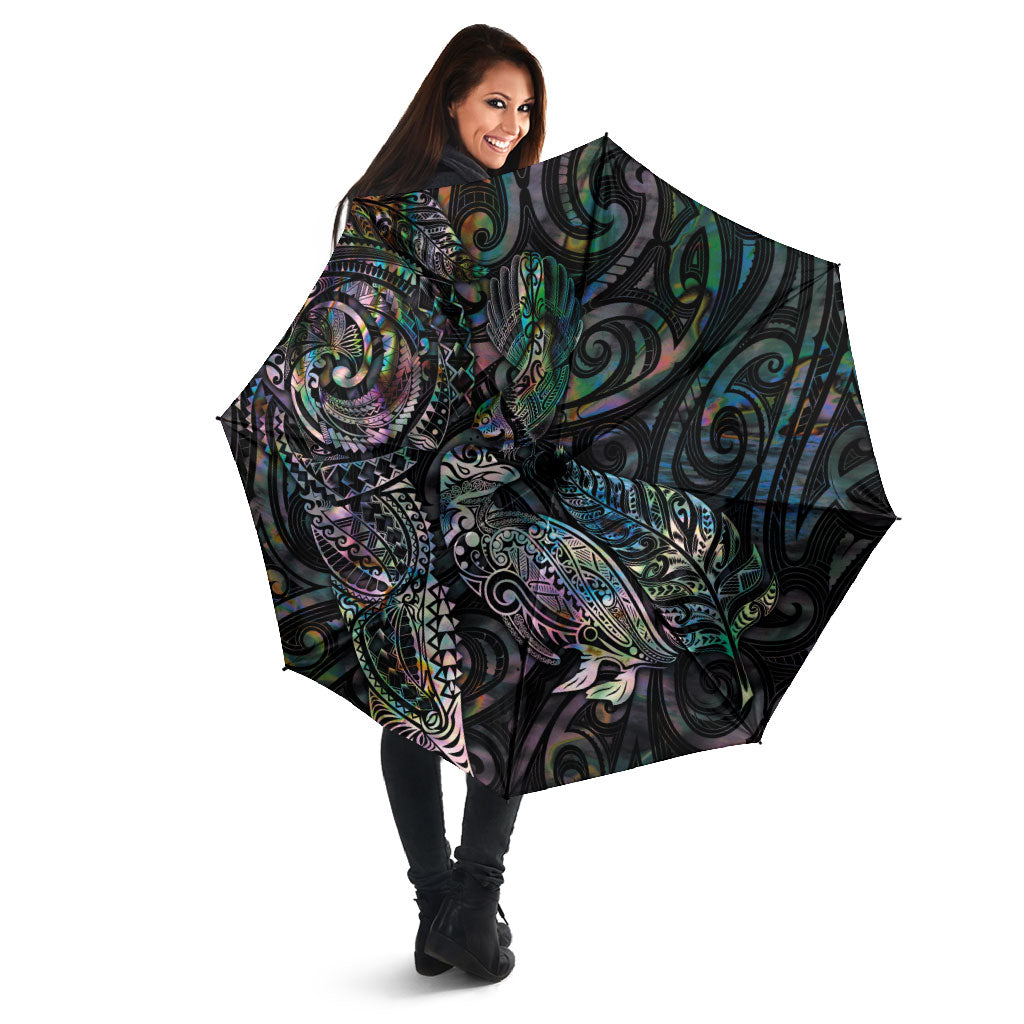Aotearoa Moko Tribal Tattoo Umbrella New Zealand Maori Penguin and Fantail Paua Shell Style