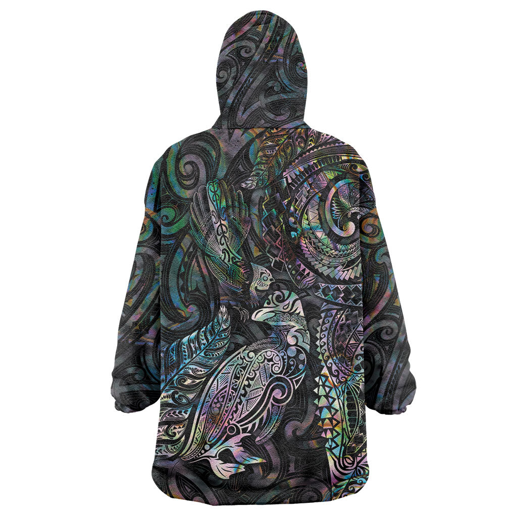 Aotearoa Moko Tribal Tattoo Wearable Blanket Hoodie New Zealand Maori Penguin and Fantail Paua Shell Style LT03 - Polynesian Pride