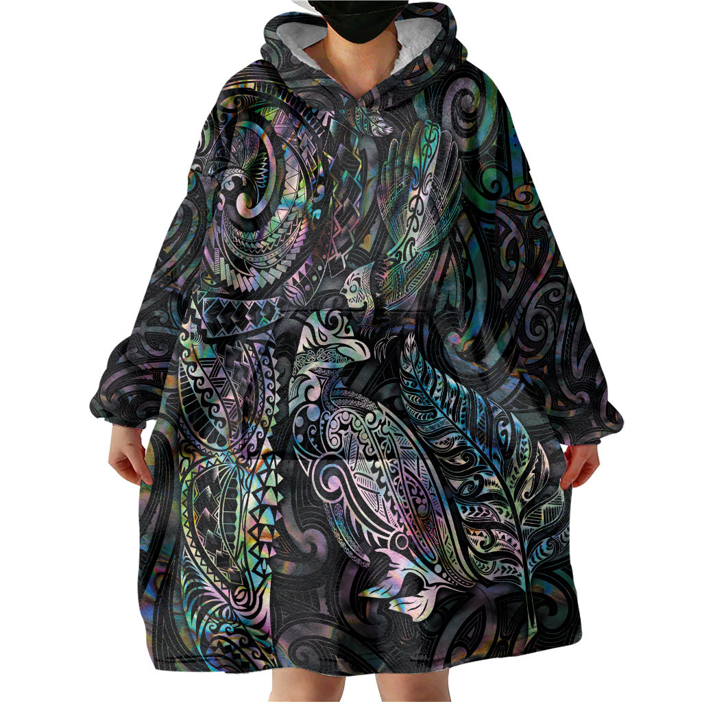 Aotearoa Moko Tribal Tattoo Wearable Blanket Hoodie New Zealand Maori Penguin and Fantail Paua Shell Style LT03 - Polynesian Pride