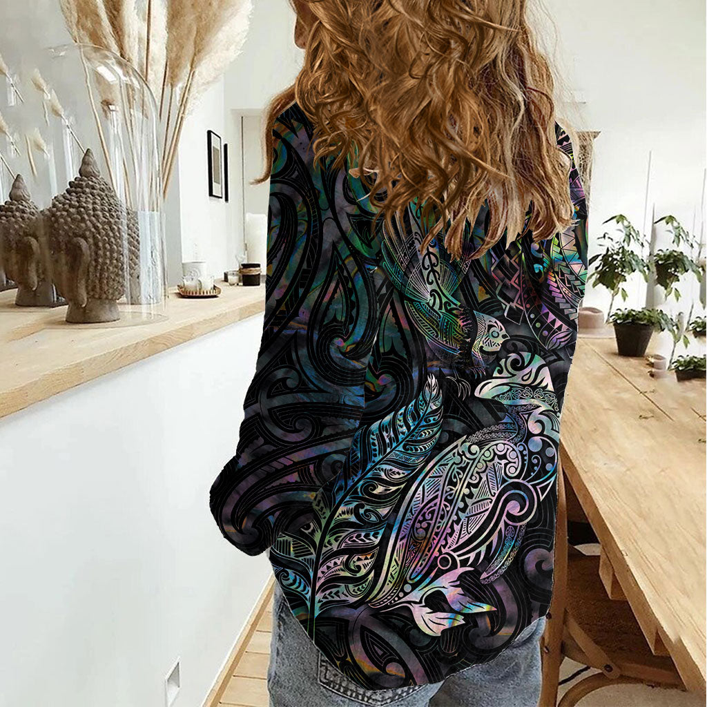 Aotearoa Moko Tribal Tattoo Women Casual Shirt New Zealand Maori Penguin and Fantail Paua Shell Style LT03 - Polynesian Pride