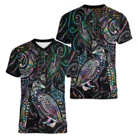 Aotearoa Moko Tribal Tattoo Women V-Neck T-Shirt New Zealand Maori Penguin and Fantail Paua Shell Style LT03 - Polynesian Pride
