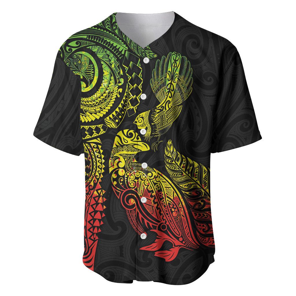 Aotearoa Moko Tribal Tattoo Baseball Jersey New Zealand Maori Penguin and Fantail Reggae Style